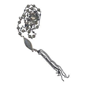 Handcrafted Beaded Necklace With Labradorite Pendant & Tassel Gunmetal Chain